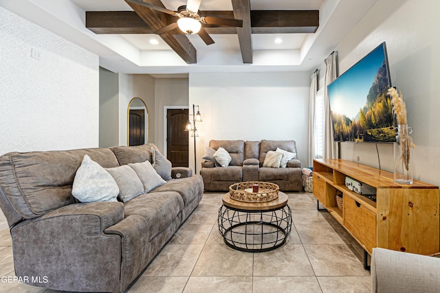 living room featuring beamed ceiling, light tile patterned floors, recessed lighting, coffered ceiling, and a ceiling fan