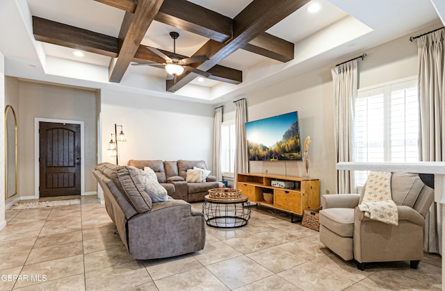 living room with beamed ceiling, a ceiling fan, coffered ceiling, recessed lighting, and baseboards