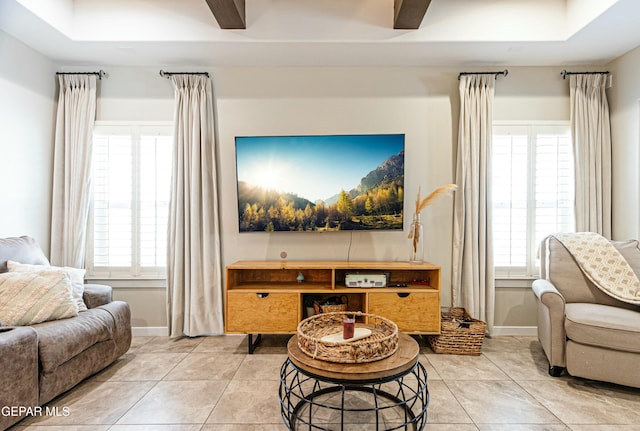 living room with light tile patterned flooring, baseboards, and a wealth of natural light