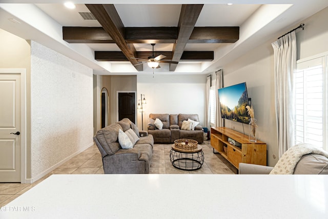 living area with a ceiling fan, baseboards, coffered ceiling, beam ceiling, and light tile patterned flooring