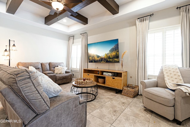 living area with beam ceiling, recessed lighting, coffered ceiling, and a ceiling fan