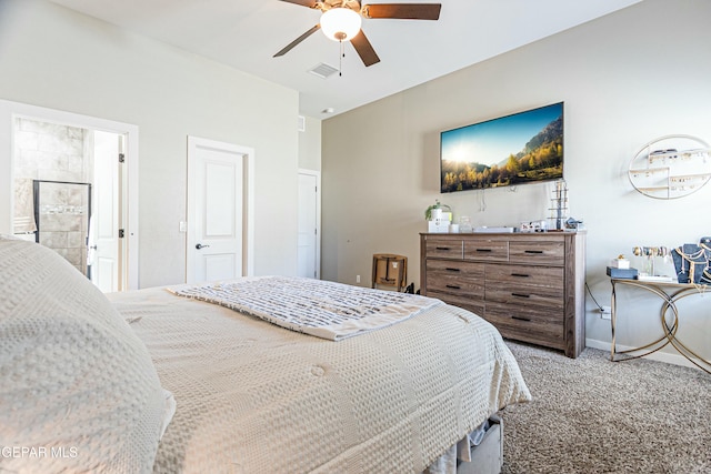 bedroom with visible vents, baseboards, ceiling fan, and carpet flooring