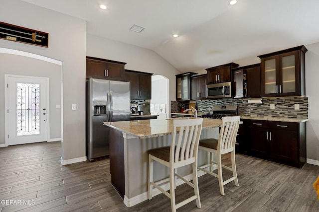 kitchen with dark wood finished floors, lofted ceiling, tasteful backsplash, and stainless steel appliances