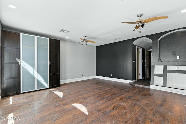 spare room with visible vents, hardwood / wood-style flooring, recessed lighting, baseboards, and ceiling fan