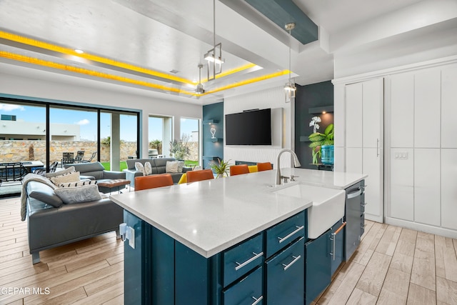 kitchen featuring blue cabinets, wood finish floors, a sink, a raised ceiling, and dishwasher