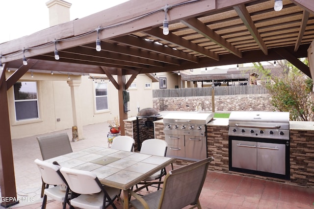 view of patio with fence, outdoor dining area, area for grilling, a grill, and a pergola