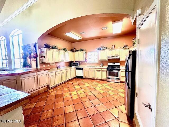 kitchen featuring a sink, under cabinet range hood, stainless steel appliances, arched walkways, and light countertops