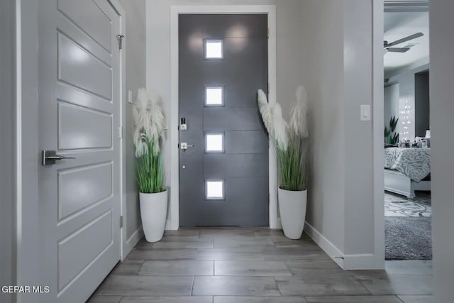 foyer featuring a wealth of natural light, baseboards, and wood tiled floor