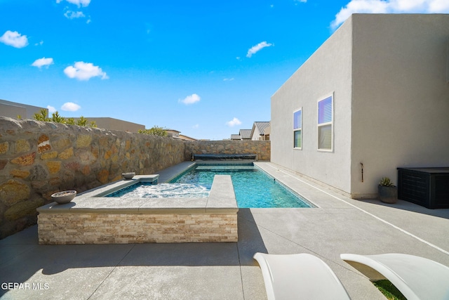 view of swimming pool with a patio area, a fenced in pool, and a fenced backyard