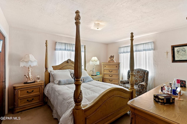 carpeted bedroom featuring multiple windows, a textured wall, and a textured ceiling