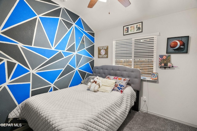 bedroom featuring lofted ceiling, baseboards, carpet floors, and ceiling fan