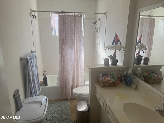 full bath featuring shower / bathtub combination with curtain, toilet, and vanity