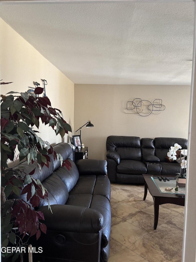 living area featuring a textured ceiling