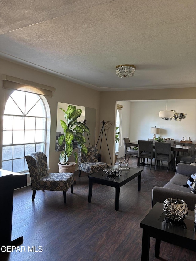 living room featuring dark wood-style flooring and a textured ceiling