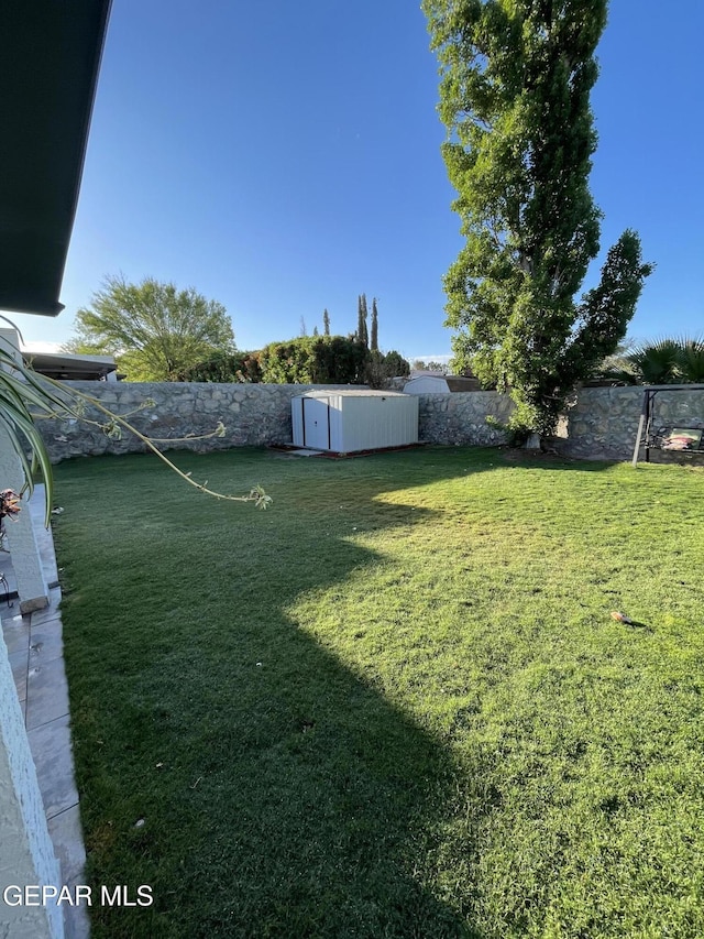 view of yard featuring an outbuilding, a storage unit, and a fenced backyard