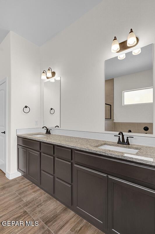 bathroom with a sink, wood finished floors, and double vanity