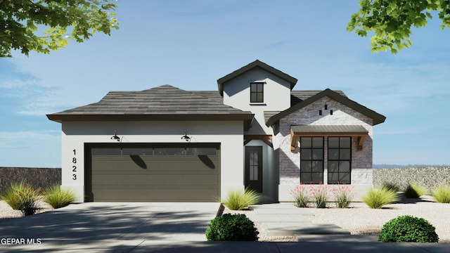 view of front facade featuring an attached garage, stone siding, driveway, and stucco siding