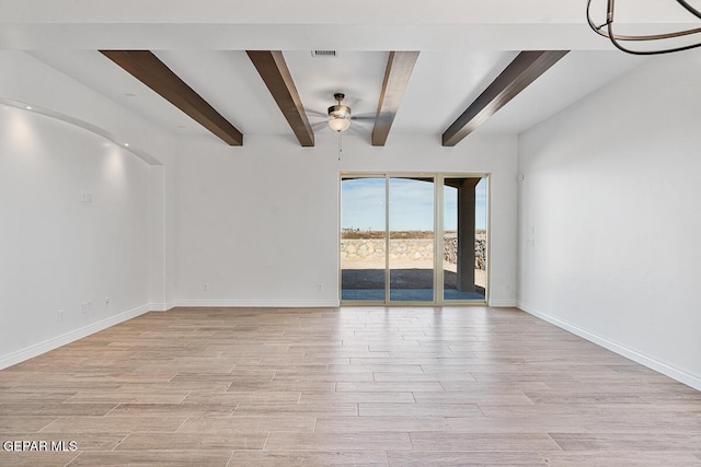 unfurnished room featuring visible vents, light wood-style flooring, baseboards, and ceiling fan