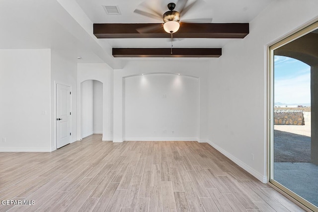 empty room featuring visible vents, beamed ceiling, light wood finished floors, baseboards, and ceiling fan