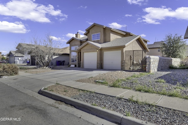 view of front facade featuring concrete driveway, stucco siding, a chimney, stone siding, and an attached garage