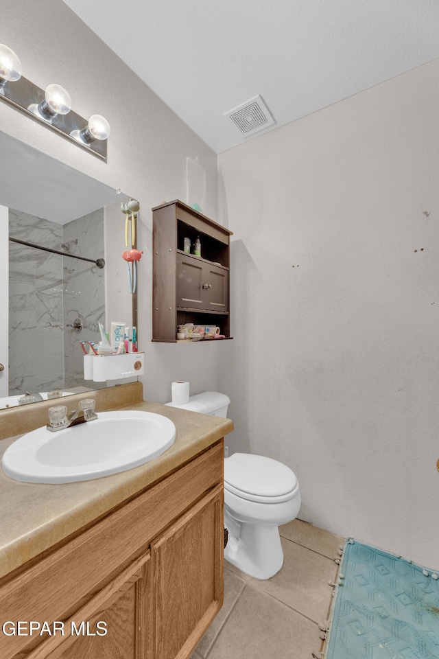 full bathroom featuring visible vents, toilet, tile patterned flooring, a shower, and vanity