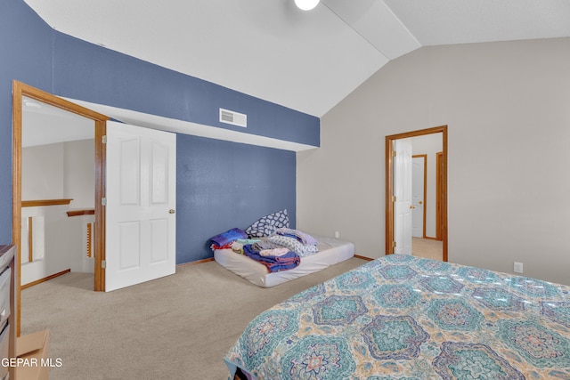 bedroom featuring vaulted ceiling, carpet flooring, baseboards, and visible vents