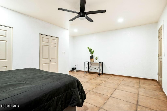 bedroom featuring light tile patterned floors, recessed lighting, baseboards, and ceiling fan