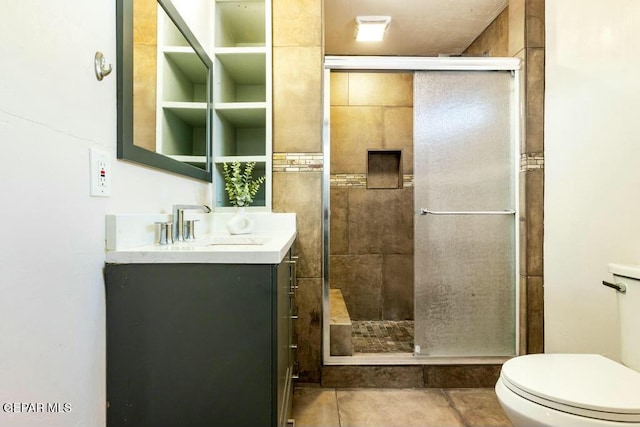 full bathroom with tile patterned flooring, a shower stall, toilet, and vanity