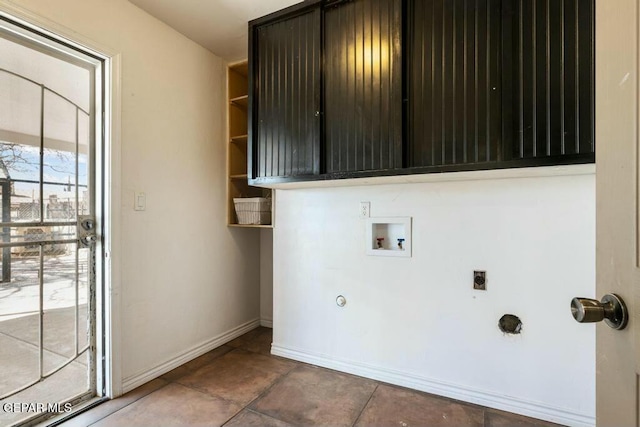 washroom with hookup for an electric dryer, baseboards, and washer hookup