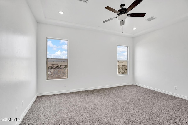 spare room featuring a raised ceiling, carpet flooring, baseboards, and visible vents