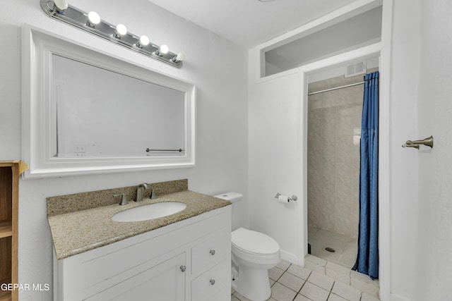 full bath with vanity, visible vents, tiled shower, tile patterned flooring, and toilet