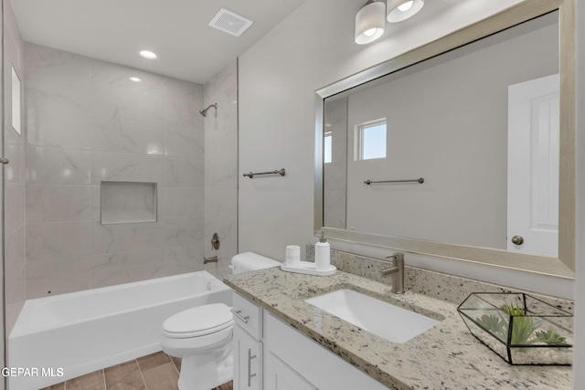 bathroom featuring vanity, visible vents, recessed lighting, tub / shower combination, and toilet