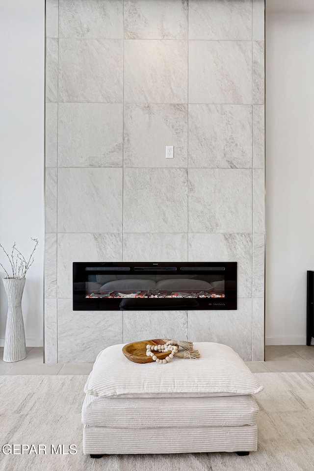 room details with baseboards and a tile fireplace