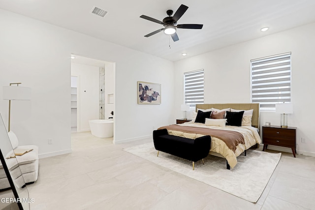 bedroom featuring recessed lighting, visible vents, baseboards, and a ceiling fan