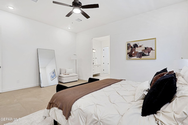 bedroom featuring visible vents, baseboards, ensuite bath, recessed lighting, and ceiling fan