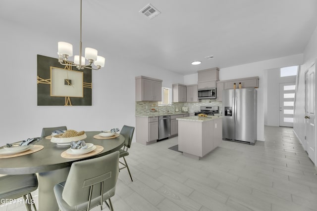 kitchen with stainless steel appliances, a kitchen island, backsplash, and gray cabinets