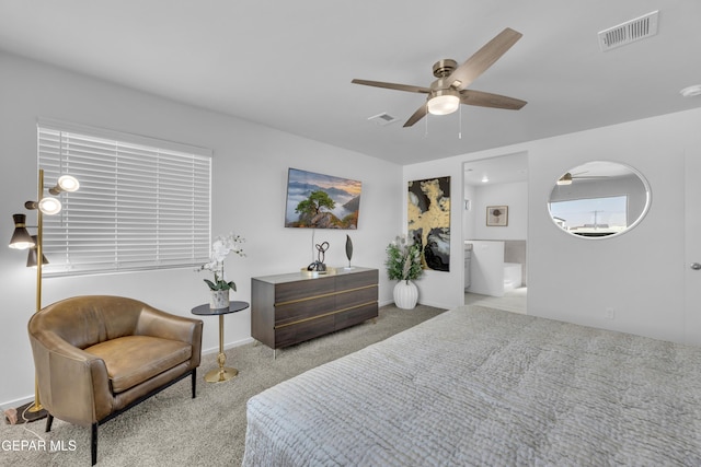 bedroom with visible vents, carpet flooring, baseboards, and a ceiling fan