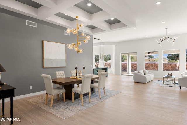 dining space featuring visible vents, coffered ceiling, wood finished floors, baseboards, and a chandelier