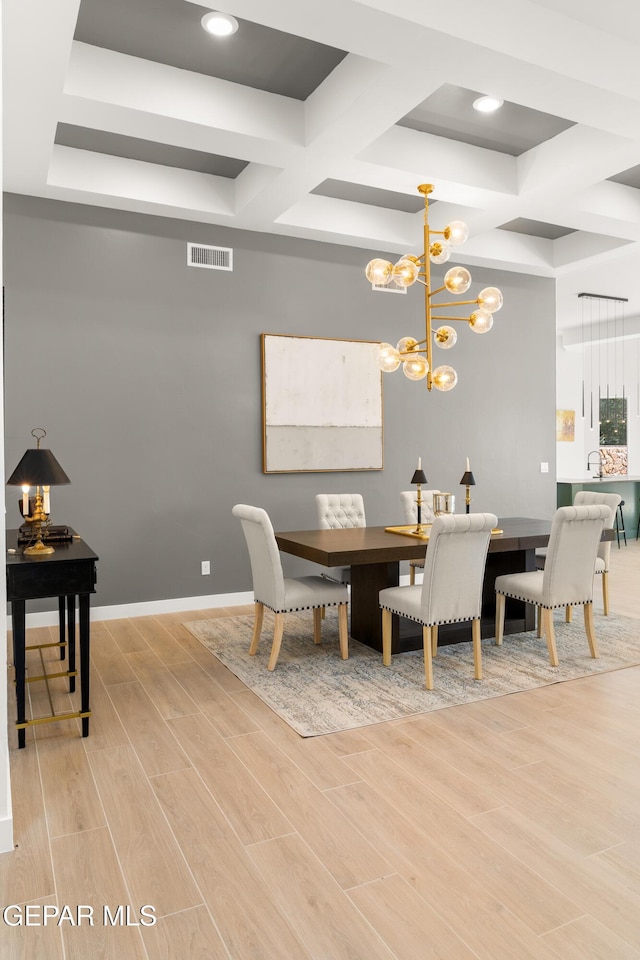 dining space with visible vents, coffered ceiling, wood finished floors, an inviting chandelier, and baseboards