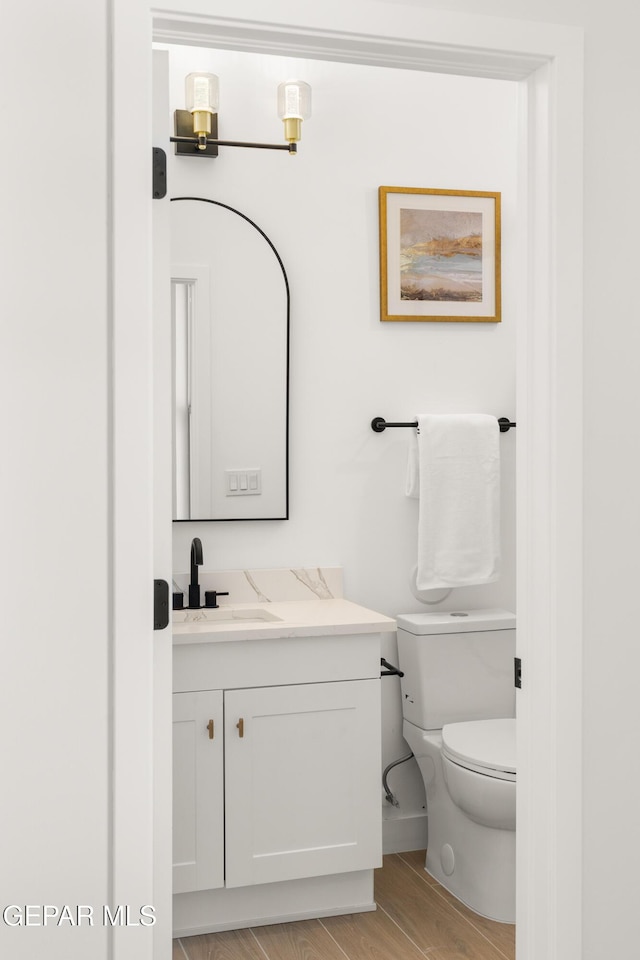 bathroom with vanity, toilet, and wood finished floors