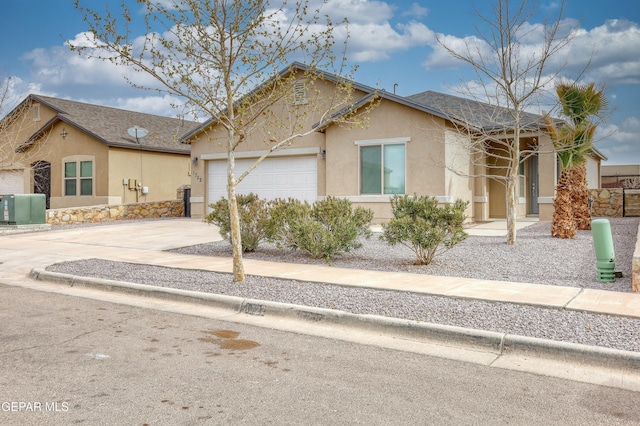 ranch-style home featuring central AC unit, stucco siding, an attached garage, and concrete driveway