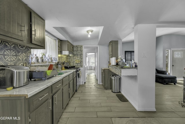 kitchen with backsplash, baseboards, stainless steel gas range, and wood finish floors