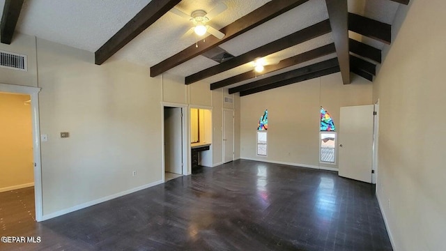 unfurnished living room featuring beamed ceiling, baseboards, visible vents, and high vaulted ceiling