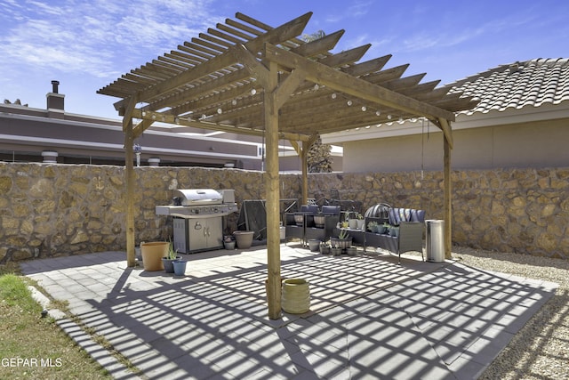 view of patio / terrace featuring an outdoor living space, grilling area, a pergola, and fence