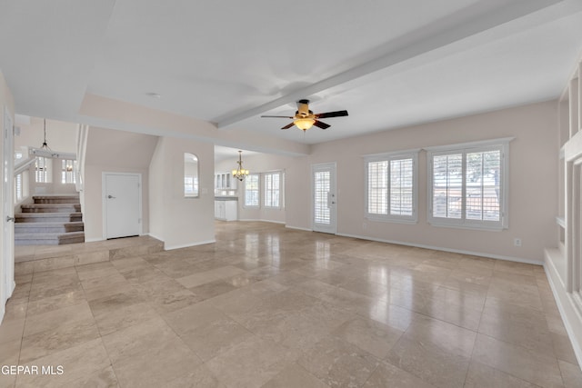 unfurnished living room with stairway, beamed ceiling, ceiling fan with notable chandelier, and baseboards