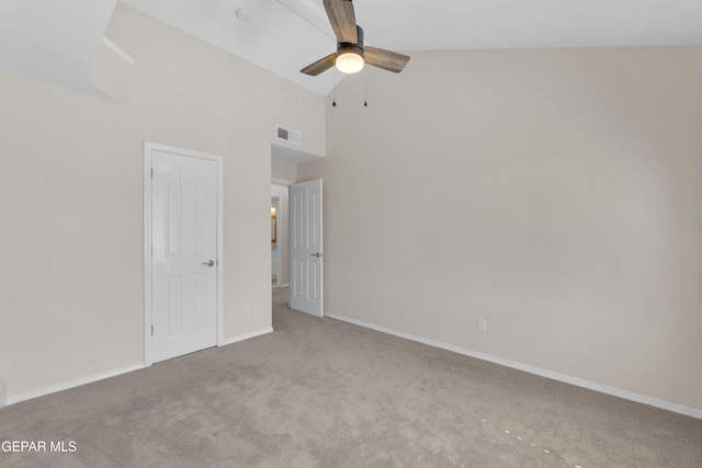 interior space with high vaulted ceiling, baseboards, visible vents, and ceiling fan