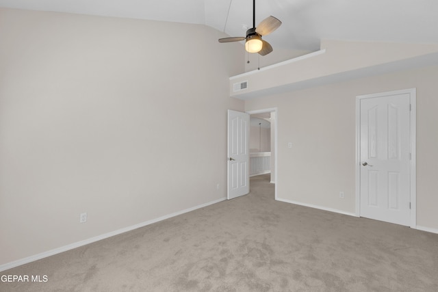 unfurnished bedroom featuring a ceiling fan, baseboards, visible vents, high vaulted ceiling, and carpet flooring