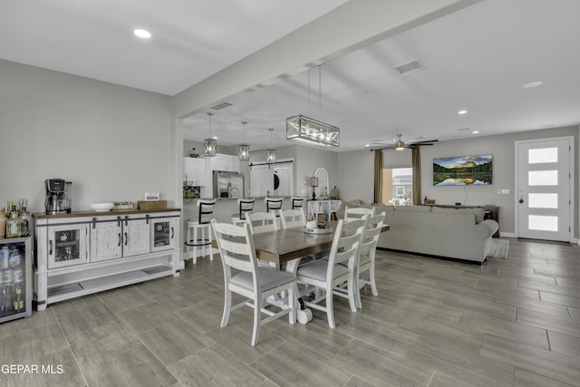 dining space featuring recessed lighting, visible vents, and ceiling fan