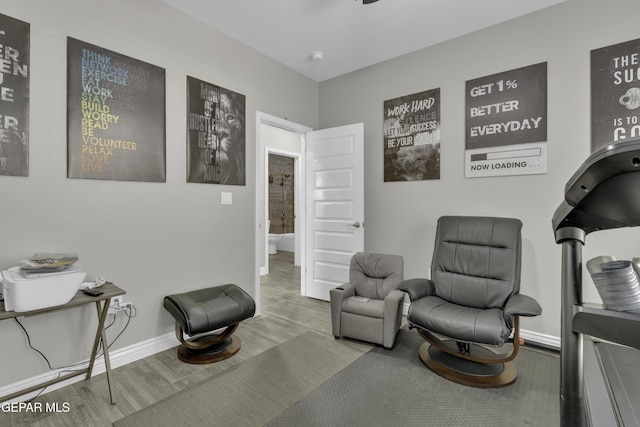 living area featuring a ceiling fan, wood finished floors, and baseboards