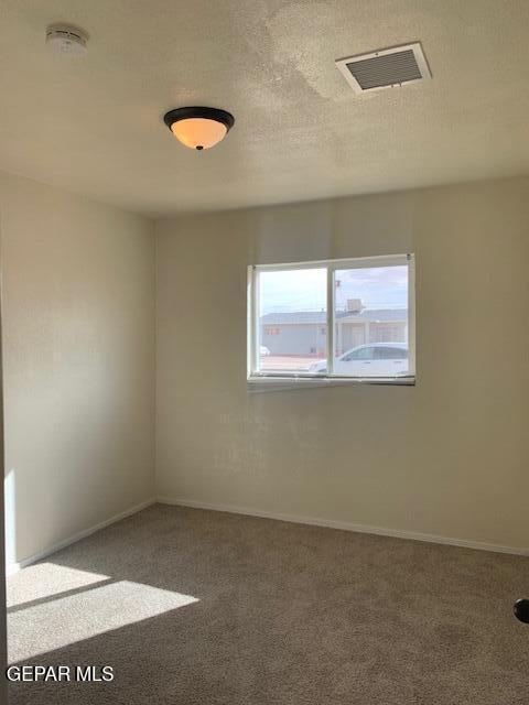 unfurnished room featuring visible vents, a textured ceiling, baseboards, and carpet floors